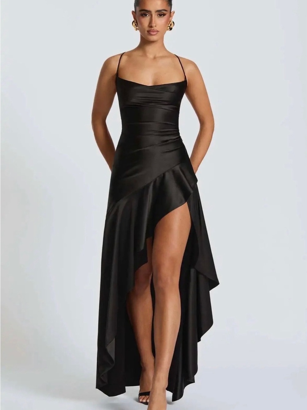 Black Satin High-Slit Spaghetti Strap Evening Dress